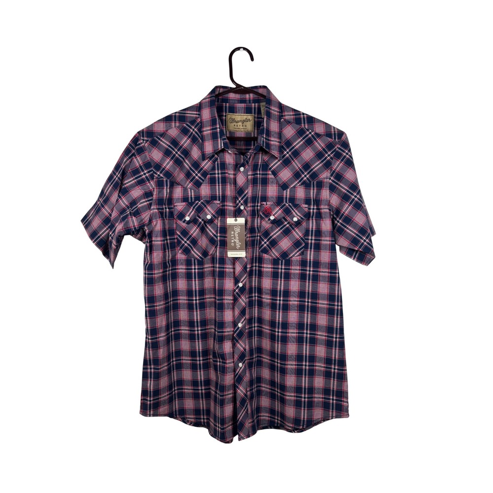 Wrangler Button Up XL Retro Modern Fit Navy Red Plaid Western Pearl Snap Shirt